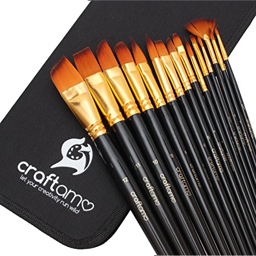 Craftamo Juego de Pinceles de Pintura Artística, Acuarela, Acrílico, óleo y Maquillaje – Colección de 15 Pinceles con Estuche/Plataforma Desplegable