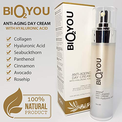 Crema de día natural antienvejecimiento con ácido hialurónico Colágeno Provisión de pantenol B5 Aceite de espino cerval de mar Aceite de aguacate Rosa mosqueta y canela