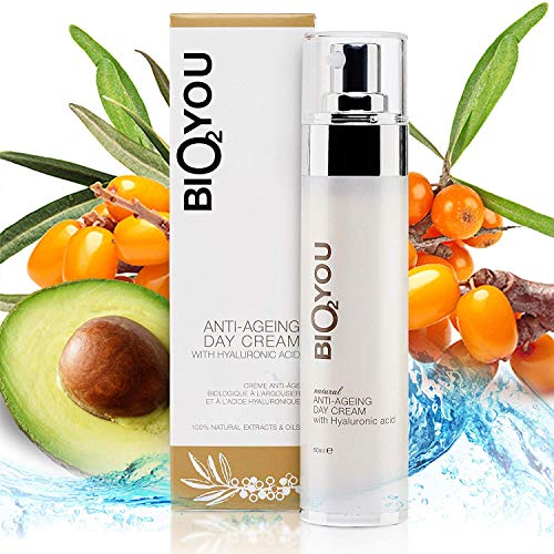 Crema de día natural antienvejecimiento con ácido hialurónico Colágeno Provisión de pantenol B5 Aceite de espino cerval de mar Aceite de aguacate Rosa mosqueta y canela