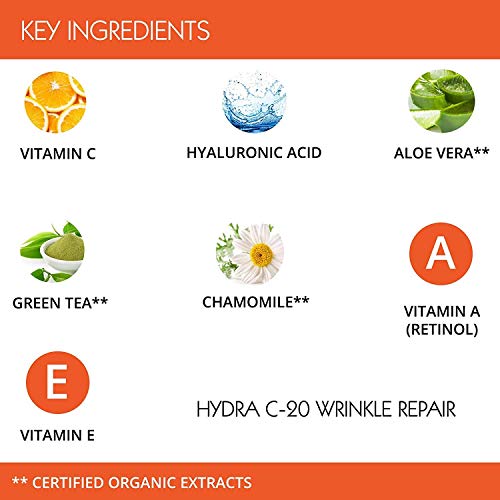 Crema de suero de vitamina C al 20% con ácido hialurónico, retinol, vitamina E e hidratación multivitamínica suaviza las arrugas, ingredientes orgánicos, unifica la tez, elimina las manchas oscuras