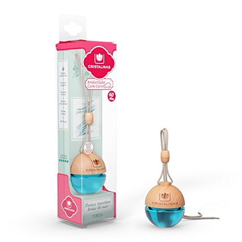 CRISTALINAS Ambientador y Absorbe OLOR esférico para coche. Aroma BRISA MARINA. Mas de 2 meses de duración. 0% Alcohol. Doble sujeción: PINZA + COLGANTE