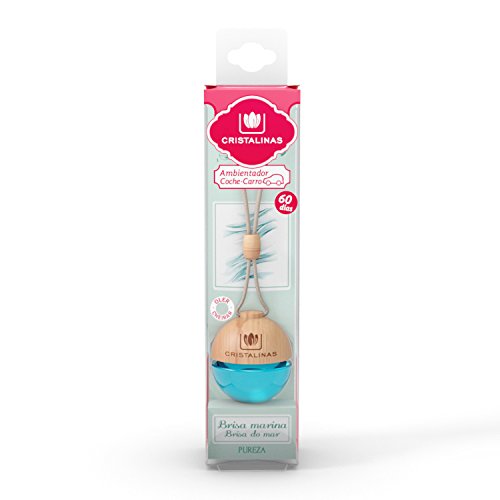 CRISTALINAS Ambientador y Absorbe OLOR esférico para coche. Aroma BRISA MARINA. Mas de 2 meses de duración. 0% Alcohol. Doble sujeción: PINZA + COLGANTE
