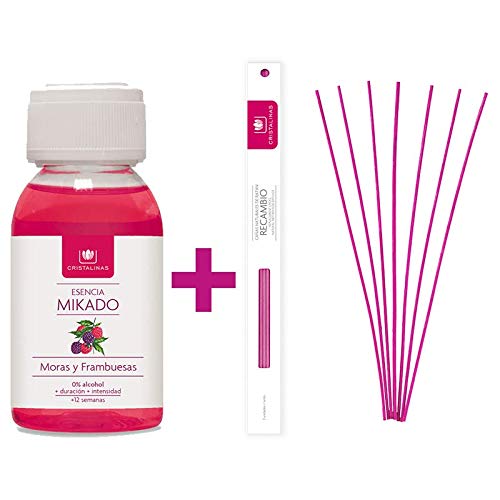 CRISTALINAS. Pack Recambio Natural Wood + Varillas Ratan. 0% Alcohol. Mas de 12 semanas de duración. 100ml. Aroma (Moras, 100 ml + Pack Varillas)