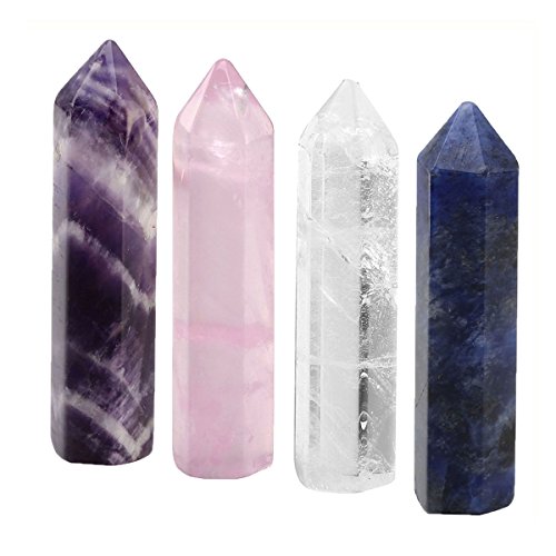CrystalTears - 4 piezas de cristales curativos, varita de punto único, 10 x 45 mm, piedras pulidas pulidas, amatista/cuarzo transparente/cuarzo rosa/sodalita