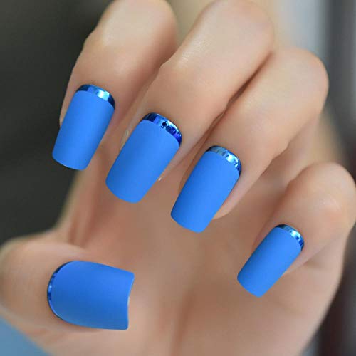 CSCH Uñas postizas Cuadrado mate Francés Medio Uñas postizas Azul cielo Metal Edge Trim Fingers Uñas Mash Up Artificial Art para uso diario Uñas
