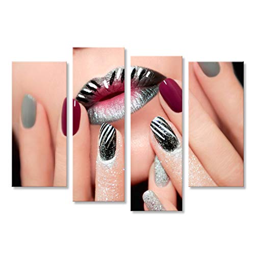 Cuadro Cuadros Diseño con Rayas Blancas y Negras en los Labios y uñas con Brillo. Tela de Lienzo fotografía HD GAV
