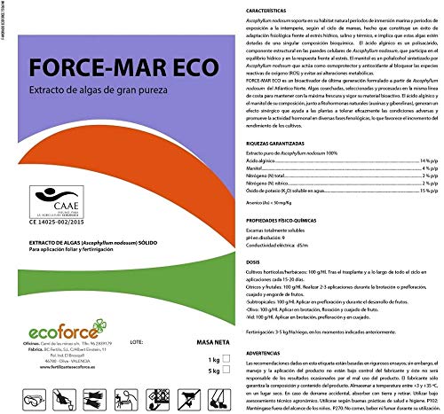 CULTIVERS Force-Mar Eco 1 Kg. Abono Orgánico Ecológico 100% Algas Marinas polvo soluble. Extracto de algas 100%. Fertilizante Bioactivador a base de extractos de Ascophyllum nodosum.