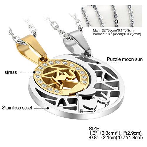 Cupimatch - Par de collares Lovers de acero inoxidable con colgante de puzle Sole Luna I Lou U Mosaico con pedrería perforada en oro plateado (1 par)