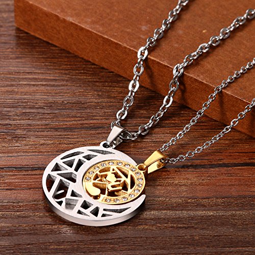 Cupimatch - Par de collares Lovers de acero inoxidable con colgante de puzle Sole Luna I Lou U Mosaico con pedrería perforada en oro plateado (1 par)