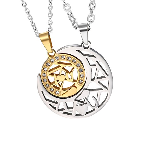 Cupimatch - Par de collares Lovers de acero inoxidable con colgante de puzle Sole Luna I Lou U Mosaico con pedrería perforada en oro plateado (1 par)