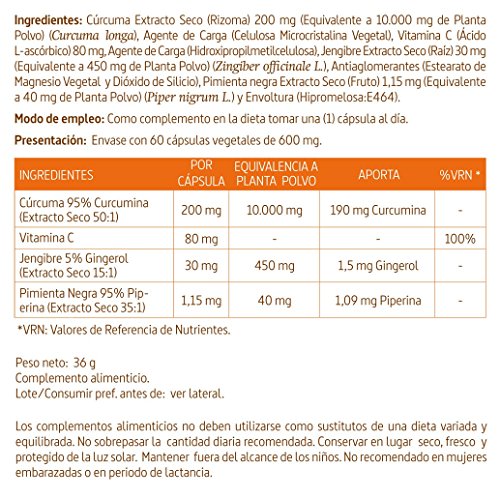 Cúrcuma complex 10.000 mg con extractos seco de cúrcuma, jengibre, pimienta negra y vitamina C 60 cápsulas vegetales (Pack 2 unid.)