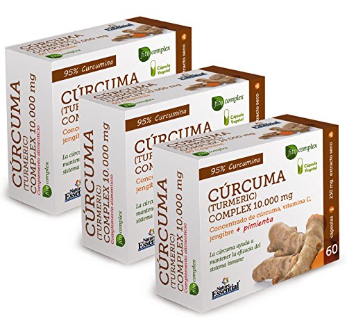 Cúrcuma complex 10.000 mg con extractos seco de cúrcuma, jengibre, pimienta negra y vitamina C 60 cápsulas vegetales (Pack 3 unid.)