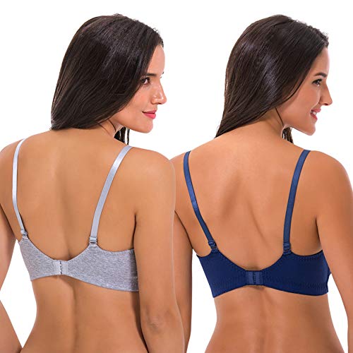Curve Muse Sujetador de algodón sin Hilos de Talla Grande para Mujer con cordón Superior - Paquete de 2 -Armada, gris-105D