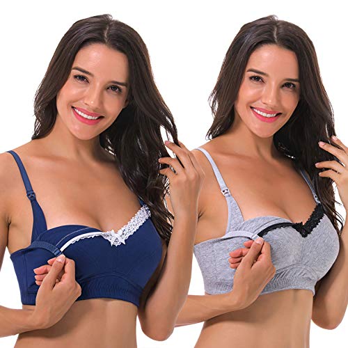 Curve Muse Sujetador de algodón sin Hilos de Talla Grande para Mujer con cordón Superior - Paquete de 2 -Armada, gris-105D