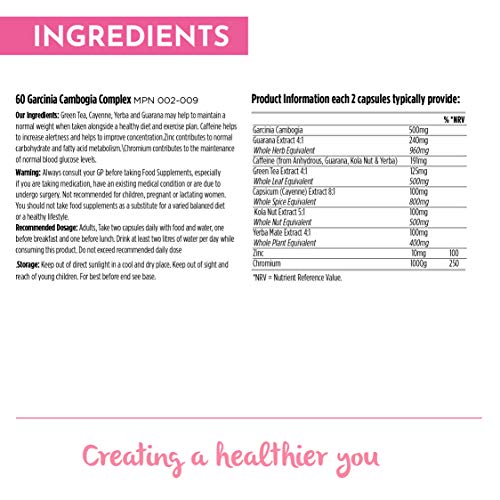 Cute Nutrition Garcinia Cambogia 60 Cápsulas de Extracto de Fruta con Guaraná Complejo de control de Peso Natural para Mujeres Supresor de Apetito.