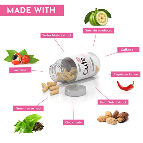 Cute Nutrition Garcinia Cambogia 60 Cápsulas de Extracto de Fruta con Guaraná Complejo de control de Peso Natural para Mujeres Supresor de Apetito.