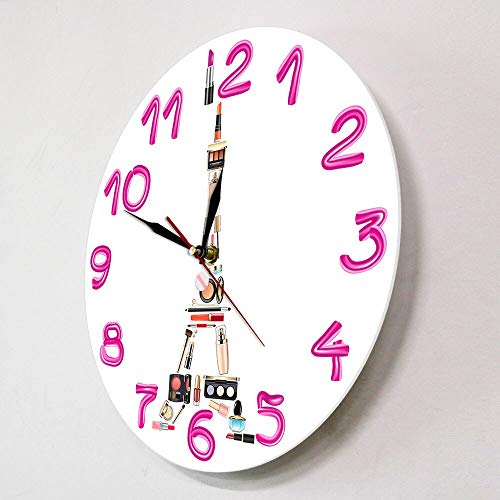 Cwanmh Paris Cosmetics Concept Reloj de Pared contemporáneo La habitación de la niña de la Torre Eiffel compone su 30x30cm Elegante Arte de Pared Reloj de Pared silencioso Regalo