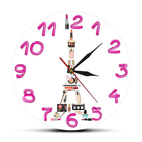 Cwanmh Paris Cosmetics Concept Reloj de Pared contemporáneo Torre Eiffel habitación de niña Maquillaje Moda Arte Mural Reloj de Pared silencioso Regalo para Ella 30 x 30 cm