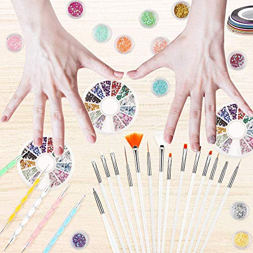 Dadabig Kit Decoracion Uñas Incluye 15pcs Pincel Uñas 5pcs Bolígrafo para Uñas 3 Cajas Piedras Uñas 10pcs Cinta de Uñas y 12 Cajas Lentejuelas de Uñas, Arte de Uña para Chicas y Mujeres (total 45pcs)