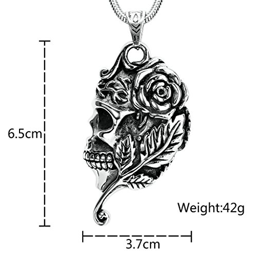 Daesar Joyería Acero Inoxidable Plata Negro Cráneo Calavera Tatto Rosa Hoja Colgante Collar para Hombres,6.5x3.7CM