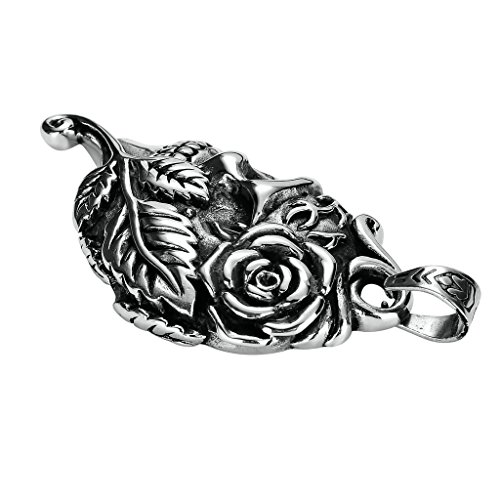 Daesar Joyería Acero Inoxidable Plata Negro Cráneo Calavera Tatto Rosa Hoja Colgante Collar para Hombres,6.5x3.7CM