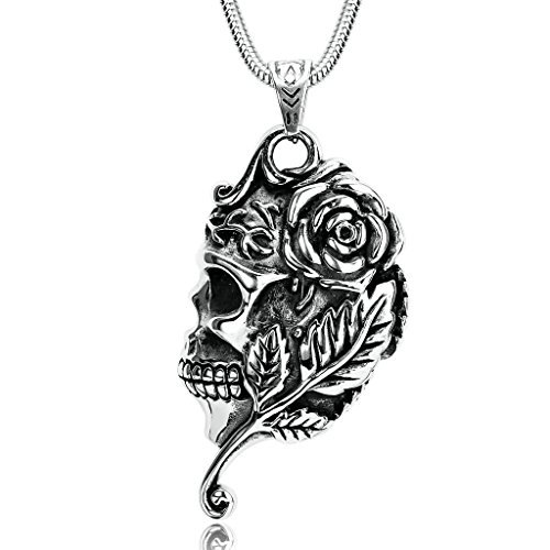 Daesar Joyería Acero Inoxidable Plata Negro Cráneo Calavera Tatto Rosa Hoja Colgante Collar para Hombres,6.5x3.7CM