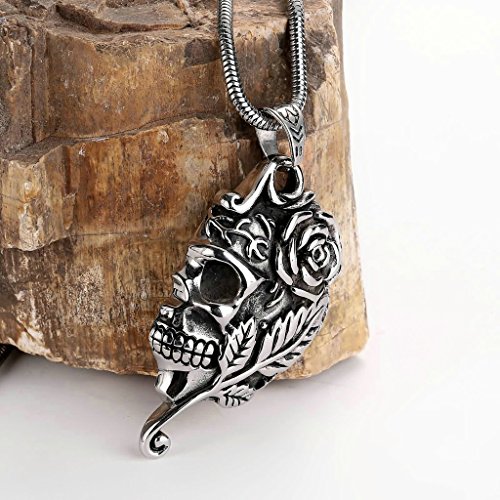 Daesar Joyería Acero Inoxidable Plata Negro Cráneo Calavera Tatto Rosa Hoja Colgante Collar para Hombres,6.5x3.7CM