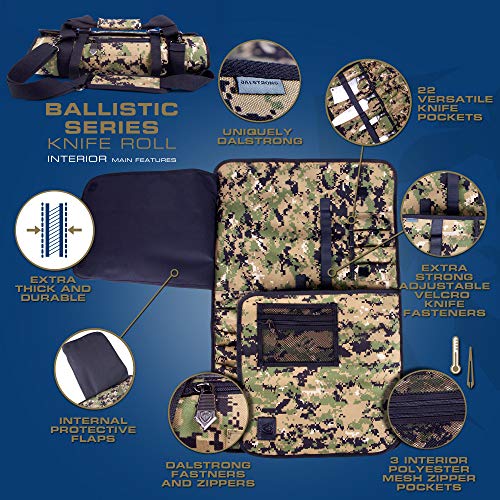 DALSTRONG – Ballistic Series rollo de cuchillos – Premium Ballistic Nylon & parte superior grano bolsa de cuero – 22 ranuras para cuchillos – Interior y trasero con cierre bolsillos