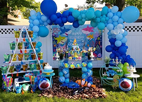 Daniu 7x5FT Fondo de la Fiesta de cumpleaños del tiburón del océano Azul Fiesta del tiburón del bebé Banner de tiburón del bebé Telones de Fondo Foto Estudio Accesorios