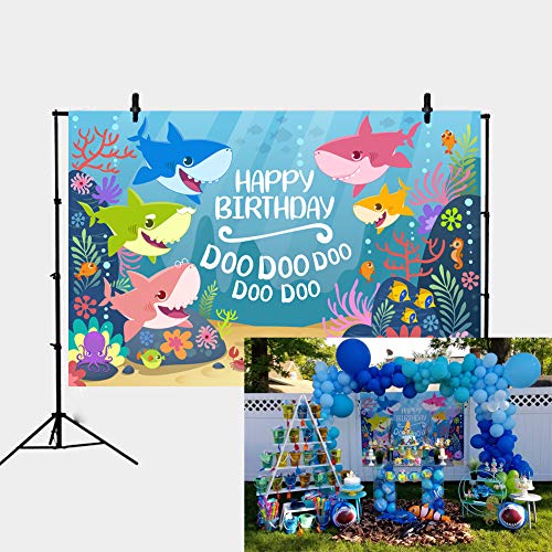 Daniu 7x5FT Fondo de la Fiesta de cumpleaños del tiburón del océano Azul Fiesta del tiburón del bebé Banner de tiburón del bebé Telones de Fondo Foto Estudio Accesorios