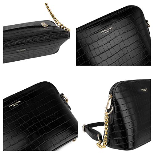 David Jones - Pequeño Bolso Bandolera Cadena Piel Cocodrilo Mujer - Bolsos de Hombro Cruzado Cuero PU - Mensajero Crossbody Bag - Bolso Mano Zip Embrague Clutch Pochette Noche Diario Vida - Negro