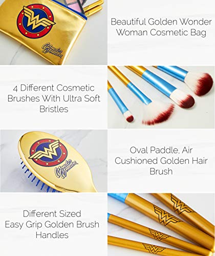 DC Comics Set con Brochas de Maquillaje y Cepillo Pelo, Neceser Maquillaje de Wonder Woman, Neceser de Viaje con Pinceles Maquillaje, Regalos Para Mujeres y Adolescentes