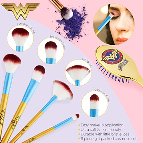 DC Comics Set con Brochas de Maquillaje y Cepillo Pelo, Neceser Maquillaje de Wonder Woman, Neceser de Viaje con Pinceles Maquillaje, Regalos Para Mujeres y Adolescentes