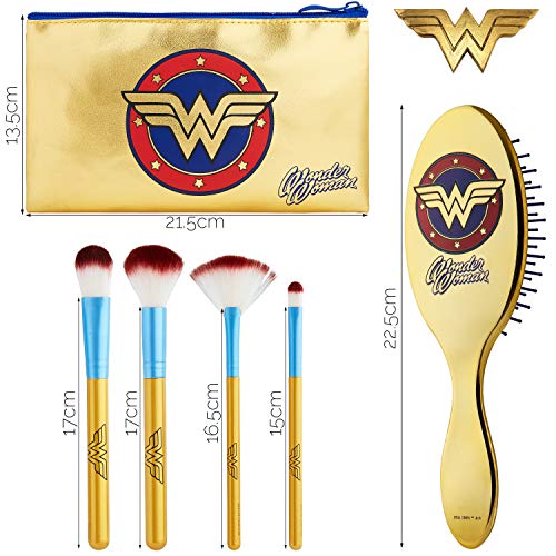 DC Comics Set con Brochas de Maquillaje y Cepillo Pelo, Neceser Maquillaje de Wonder Woman, Neceser de Viaje con Pinceles Maquillaje, Regalos Para Mujeres y Adolescentes