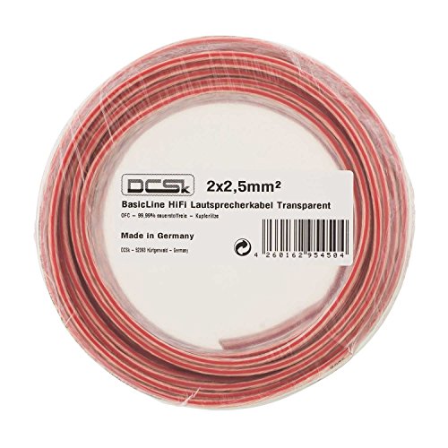 DCSk – 10m - 2 x 2.5mm² - Cable para Altavoces – Cable OFC para Altavoces, Adecuado para Altavoces de Coche, Cobre Puro sin oxígeno 99.99%, Transparente