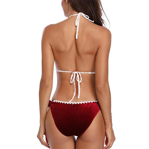 Ddl Bikini para Mujer Conjunto Cintura Alta Dividir Traje de baño Tejido Sexy Hecho a Mano de Punto de Ganchillo Caderas Corbata Atado con Cuello en v Halter Verano Playa Traje de baño,M