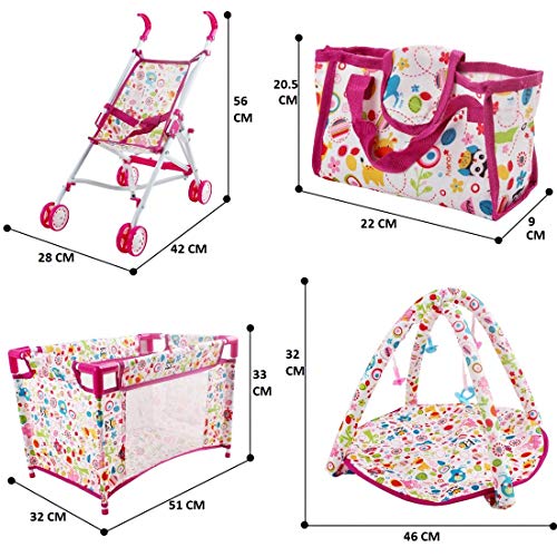 deAO Conjunto 5en1 para Muñecas Bebé Incluye Cuna, Carrito, Canguro Portabebés, Gimnasio y Bolso Cambiador Juguete de Imitación para Muñecas Bebé Jugar a Ser Mamá y Papá (Muñeca NO Incluida)