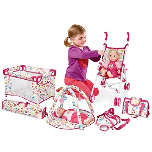 deAO Conjunto 5en1 para Muñecas Bebé Incluye Cuna, Carrito, Canguro Portabebés, Gimnasio y Bolso Cambiador Juguete de Imitación para Muñecas Bebé Jugar a Ser Mamá y Papá (Muñeca NO Incluida)