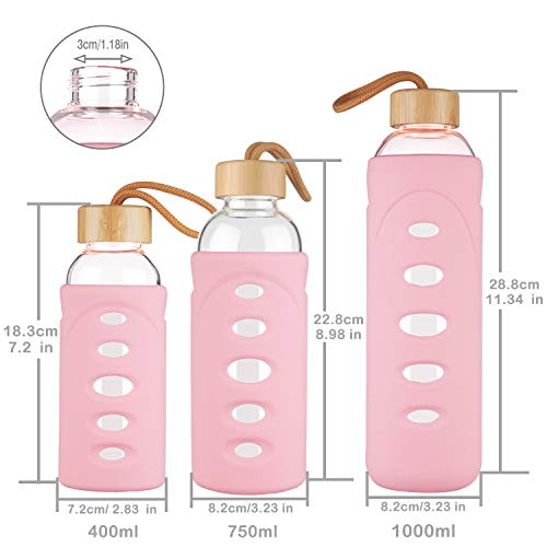 DEARRAY Botella de Agua de Cristal de Borosilicato Deportivo 400ml / 750ml / 1000ml / 1 Litro, Botella de Agua de Vidrio con Funda de Silicona y Tapa de Bambú Único