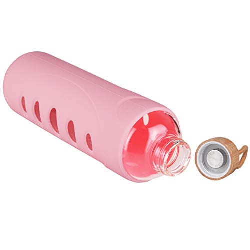 DEARRAY Botella de Agua de Cristal de Borosilicato Deportivo 400ml / 750ml / 1000ml / 1 Litro, Botella de Agua de Vidrio con Funda de Silicona y Tapa de Bambú Único