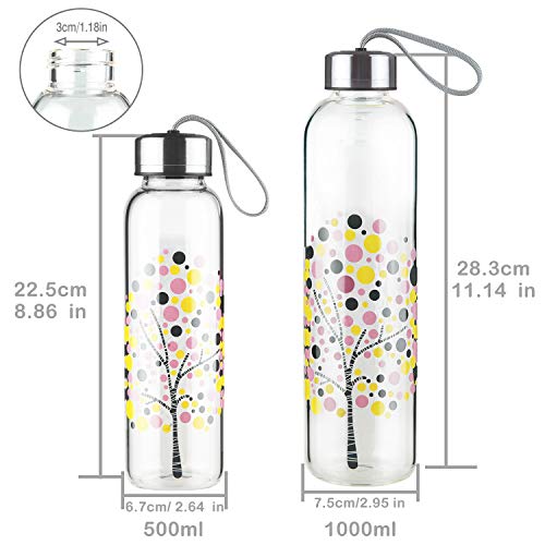 DEARRAY Botella de Agua de Cristal de Borosilicato Deportivo 500ml / 1000ml / 1 Litro, Botella de Agua de Vidrio con Funda de Neopreno y Elegante Tapa de Acero Inoxidable