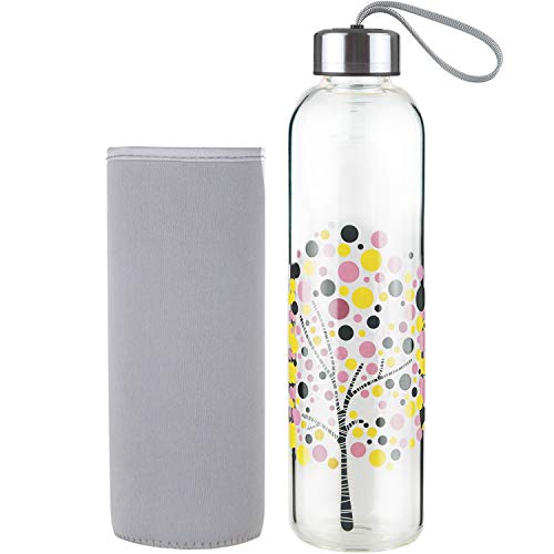 DEARRAY Botella de Agua de Cristal de Borosilicato Deportivo 500ml / 1000ml / 1 Litro, Botella de Agua de Vidrio con Funda de Neopreno y Elegante Tapa de Acero Inoxidable