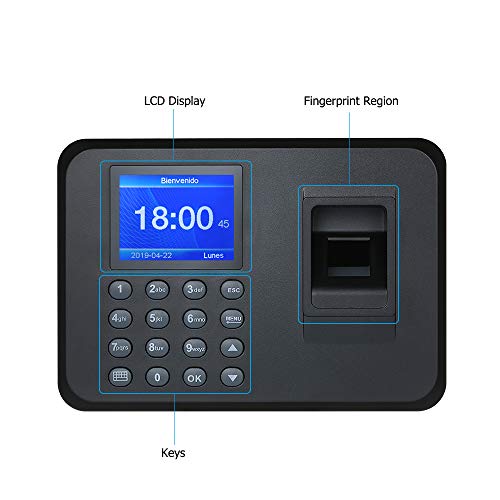 Decdeal 2.4" TFT USB Máquina de Asistencia Biométrica de Huella Dactilar, Sistema Española, LCD Pantalla Soporte Configuración de Español y Portugués