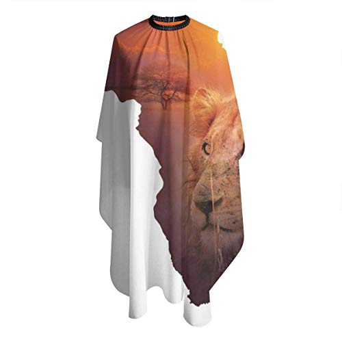 Delantal de corte de pelo Arte africano León de la vida silvestre Mapa de África Impermeable Capa de peluquería Paño de corte de cabello amigable con la piel Capa de corte de cabello única