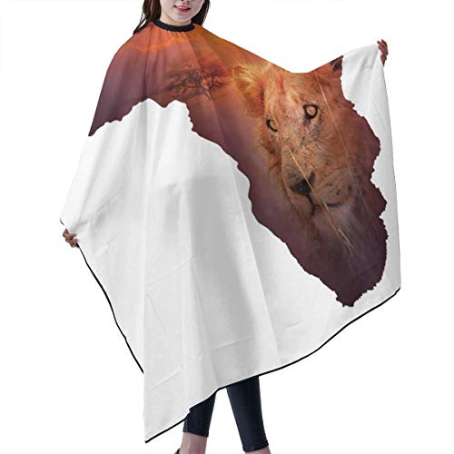 Delantal de corte de pelo Arte africano León de la vida silvestre Mapa de África Impermeable Capa de peluquería Paño de corte de cabello amigable con la piel Capa de corte de cabello única