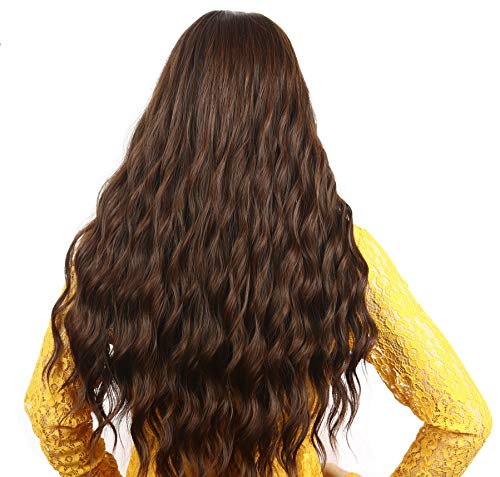 DER Cabello Largo Rizado Dividido Maíz Caliente Aire LIU Hai Química Fibra Wig Head Cover 26 Pulgadas Lino Amarillo marrón