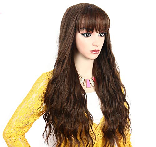 DER Cabello Largo Rizado Dividido Maíz Caliente Aire LIU Hai Química Fibra Wig Head Cover 26 Pulgadas Lino Amarillo marrón