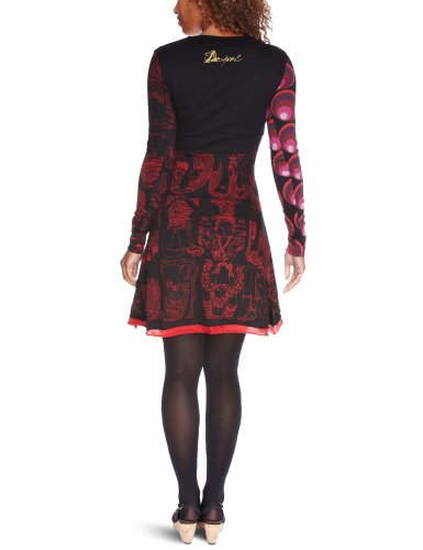 Desigual - Vestido con Cuello de Pico de Manga Larga para Mujer, Talla 40, Color Rojo 3001