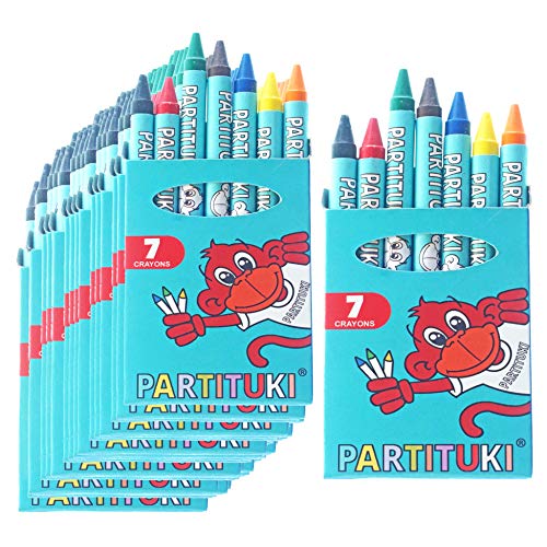 Detalles para Niños Partituki. 20 Cajas de 7 Ceras de Colores. Regalitos y Detalles Fiestas Infantiles. Con Certificado CE de no Toxicidad