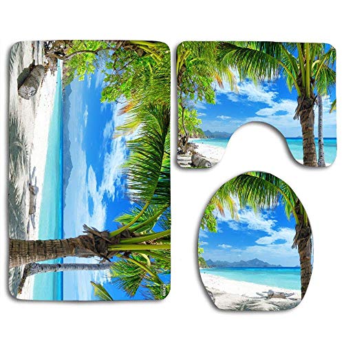 DFHome Juegos de Alfombrillas de baño de 3 Piezas Tropical Beach Definition Bathroom Rug Mat 3 Pcs Set Shower Bath Rugs - Contour Mat and Lid Cover Soft Non-Slip Back Home Decor